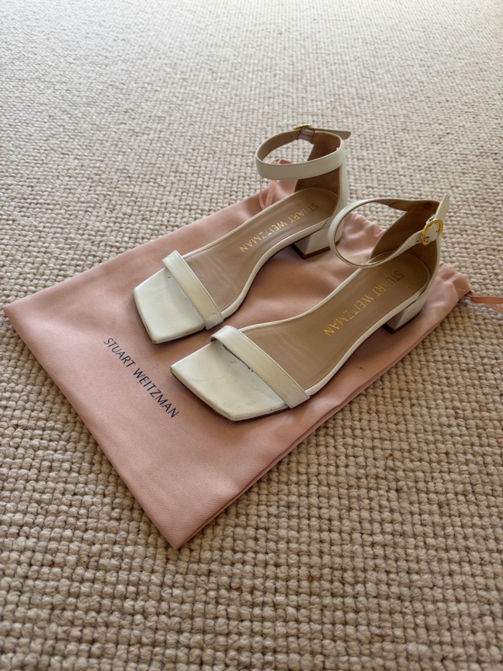 Stuart Weitzman White Ankle-Strap Square-Toe Block Heels